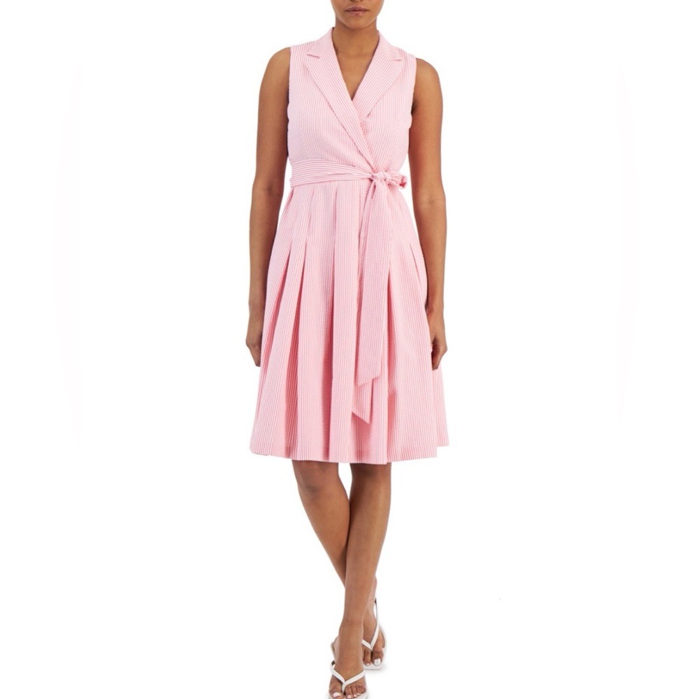 Anne Klein Seersucker Wrap-Style Fit & Flare Dress
